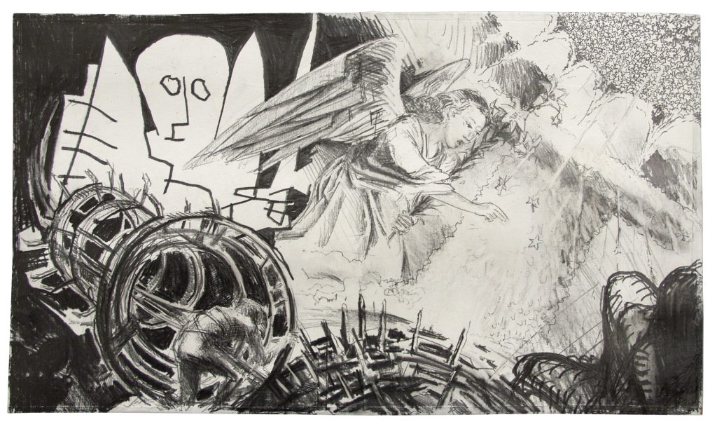 De Angelis III - Van Eyck meets Klee, Duchamp and Crumb, 2015, Bleistift auf Karton, 27 x 46 cm