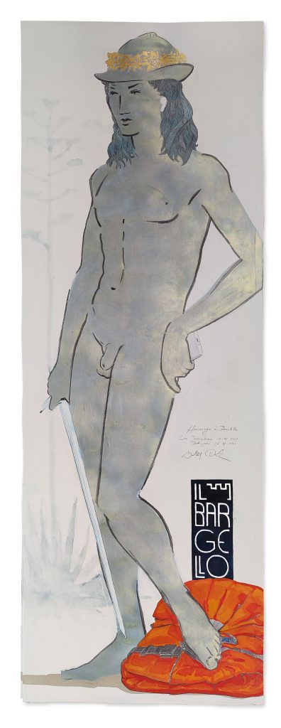 Hommage á Donatello, Mischtechnik/Blattaluminium/Blattgold, 35 x 101 cm, 2023/2025