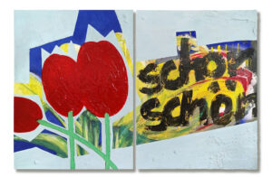 Three and nine tulips (schon schön), 2023, Mischtechnik auf Sperrholzplatte, zweiteilig je 60 x 80 cm